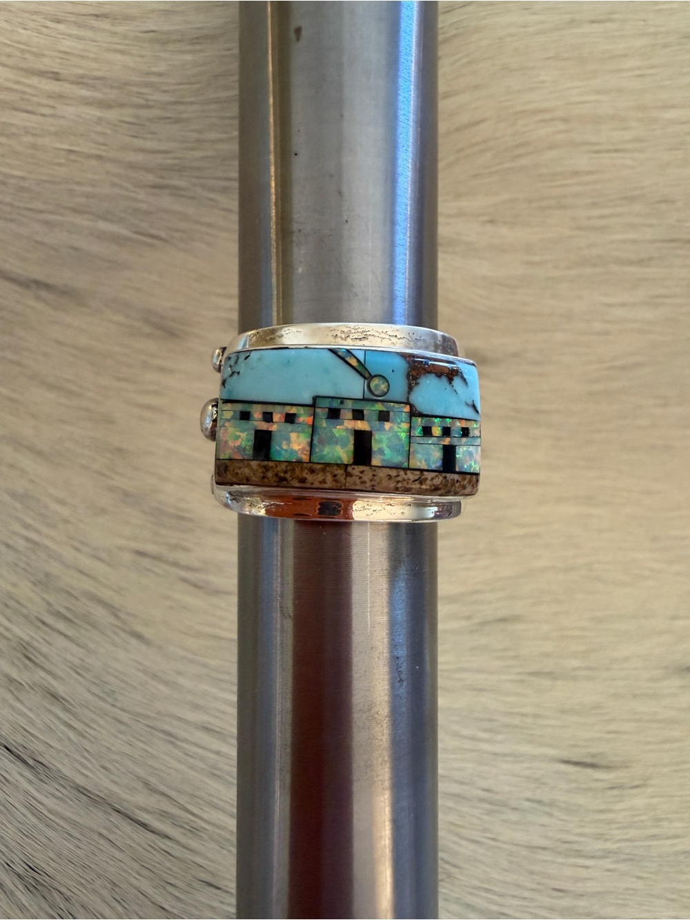 ❤️ Signed Galaxy Micro Inlaid Large Pueblo Scene Sterling Ring Sz 9 Unisex 8.7G - Picture 12 of 17
